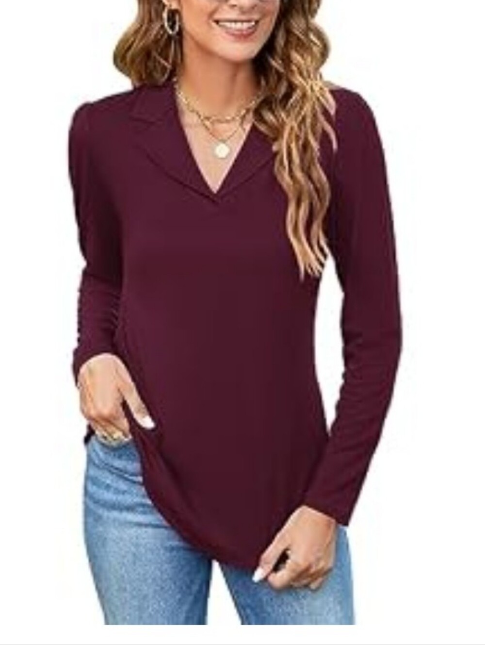 🔷️ Long Sleeve V-Neck Polo Top in Burgundy Size Medium